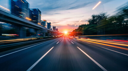 Obraz premium Motion blur highway at sunset, fast driving on city expressway, rapid urban traffic speed concept with light trails