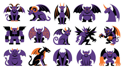 Fototapeta premium Set of fantasy mythical creatures and monsters in flat design. Vector illustrations of dragons, demons, and mythological beasts for games and media.