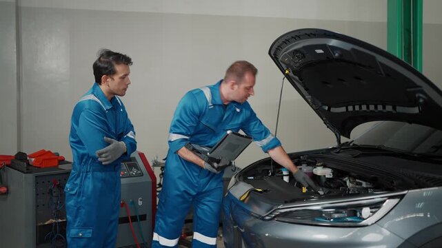 Two mechanics in blue uniforms examine a EV car engine together. One holds a laptop, reviewing diagnostics with focused attention. The other leans over the open hood, checking engine components