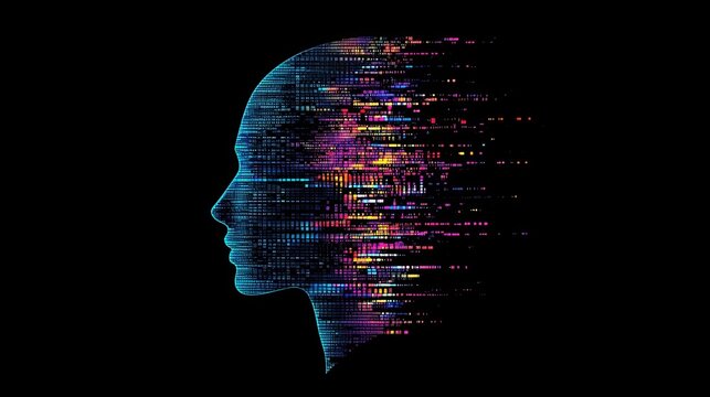 Abstract digital head profile, vibrant neon data streams, futuristic artificial intelligence concept, technological innovation, human mind