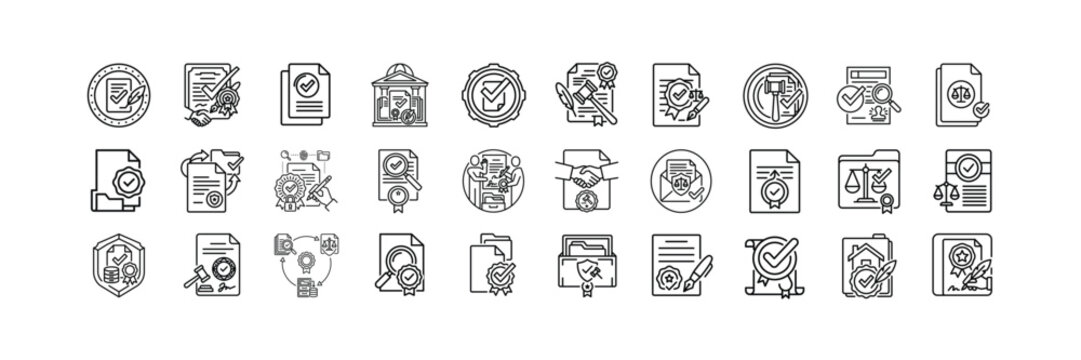 Notary Line Icons Set, Legal Documents, Authentication, Verification, Public Records and Notarial Services Outline Vector Collection