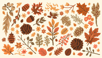 A beautiful collection of autumn leaves, acorns, pine cones, and berries in warm fall colors, arranged on a light background. © megulung
