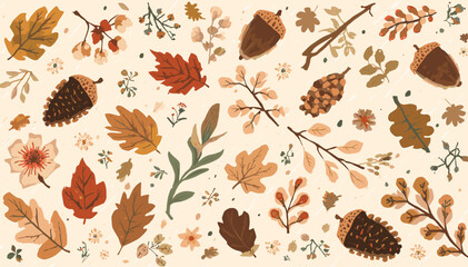 A beautiful autumnal pattern featuring various leaves, acorns, and pinecones scattered on a light background, creating a warm seasonal design. © megulung