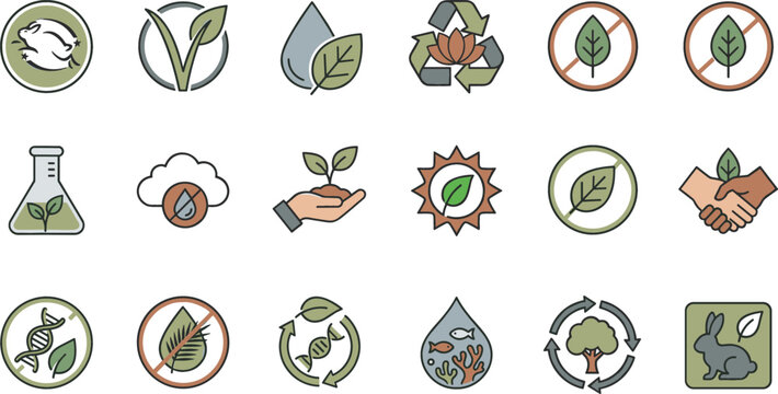 Organic and Eco Friendly Product Badge Icon Set with Vegan Cruelty Free Non GMO and Bio Degradable Eco Labels for Sustainable Package Packaging Design