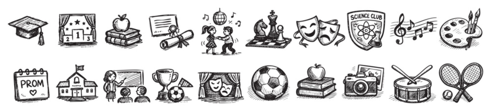 Comprehensive collection of hand-drawn school and education-related doodle icons, featuring various academic, sports, and artistic subjects on a clean white background