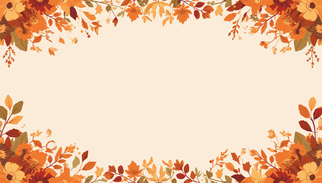 A beautiful autumn-themed border with colorful fall leaves and flowers framing a light beige background, perfect for seasonal designs.