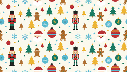 Fototapeta premium Christmas themed seamless pattern featuring cute nutcracker dolls, gingerbread men, Santa Claus faces, pine trees, and winter ornaments.