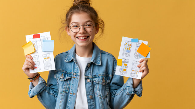 Cheerful female teen with glasses holding design mockups against a yellow background.