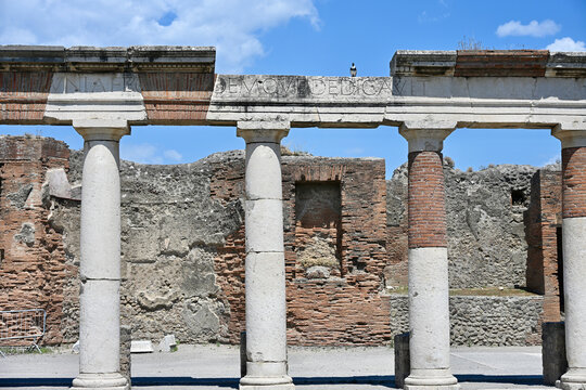 Partially Reconstructed Ancient Colonnade Detail in Pompeii, Full Front Shot