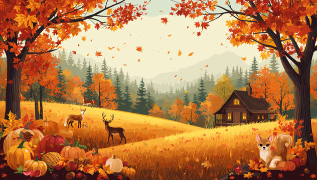 A vibrant autumn landscape illustration featuring a cozy cabin, deer, and a squirrel amidst falling orange leaves and pumpkins.