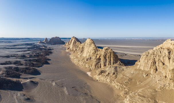 Aerial view of majestic yardang landforms in the Gobi Desert, Dahai Dao, Xinjiang, China