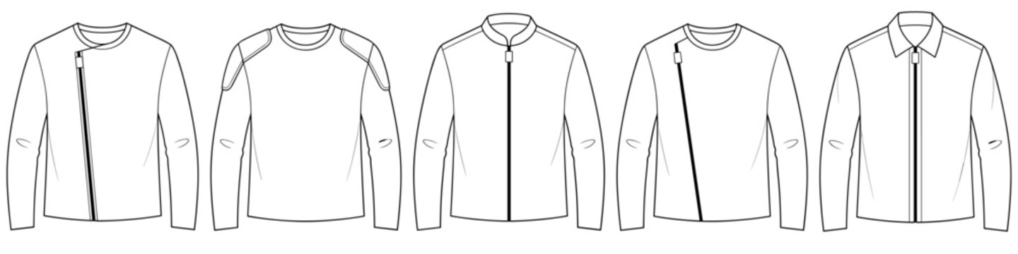 flat sketch set of mens long sleeve zip up jackets vector illustration on transparent background