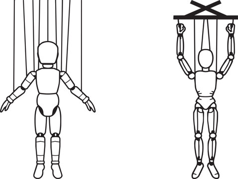 Marionette puppets hanging from strings illustration