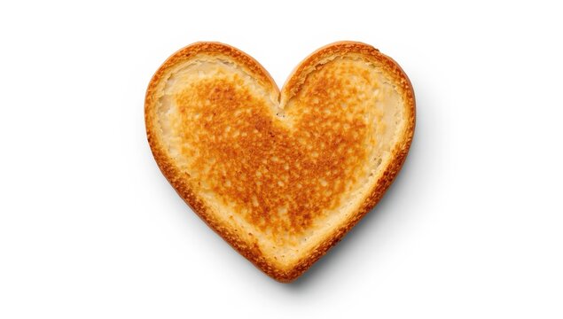 Close-up of heart-shaped toasted bread on a white background, top perspective.