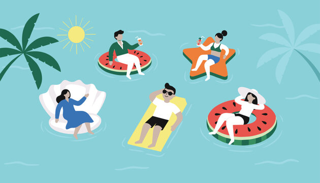 Group of friends relaxing on fun inflatable floats like watermelons, a seashell, and a star in a swimming pool on a sunny summer day.