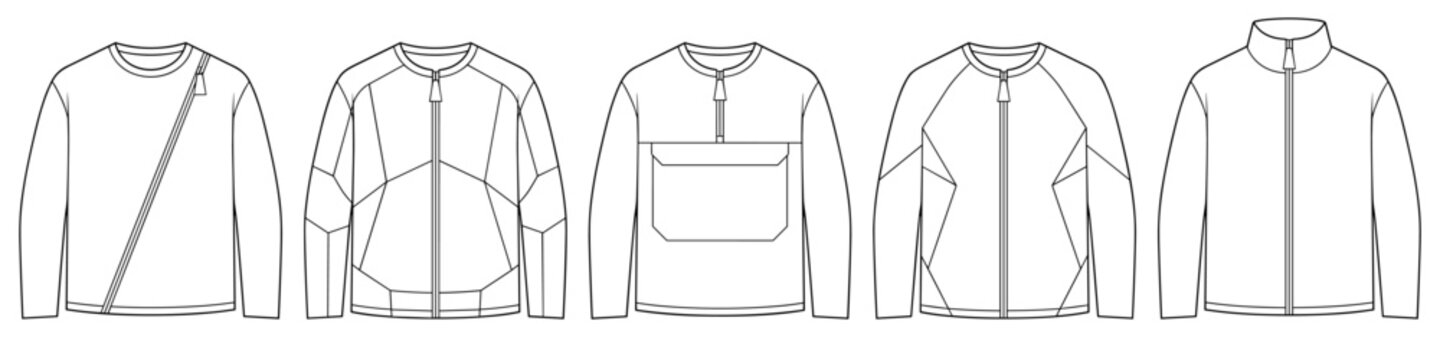 flat sketch set of mens long sleeve training zip jackets vector illustration on transparent background