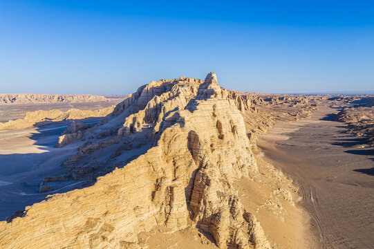 Aerial view of majestic yardang landforms in the Gobi Desert, Dahai Dao, Xinjiang, China