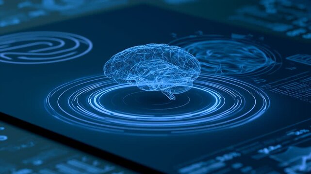 Futuristic AI intelligence concept featuring a digital neural brain, real-time analytics dashboards, cybersecurity systems, and autonomous data processing.