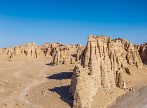 Aerial view of majestic yardang landforms in the Gobi Desert, Dahai Dao, Xinjiang, China