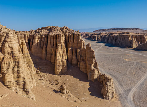 Aerial view of majestic yardang landforms in the Gobi Desert, Dahai Dao, Xinjiang, China