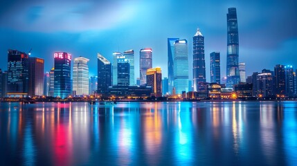 Obraz premium Modern city skyline at blue hour, glowing lights, travel background.