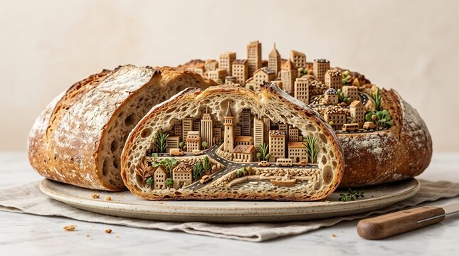 Surreal conceptual image of a crusty sourdough bread loaf featuring a miniature city landscape with buildings and roads inside