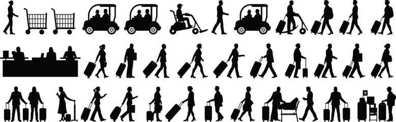 Airport and travel silhouettes set featuring passengers with luggage, check-in counters, shopping carts, and mobility scooters on white © Badhon