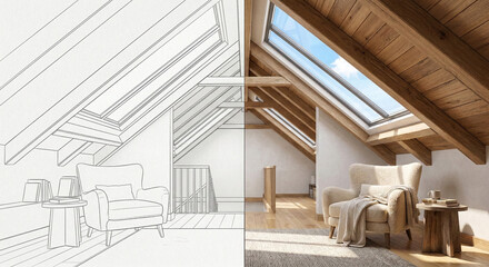 Fototapeta premium Architectural Sketch Drawing to Photorealistic Attic Interior Rendering Transformation