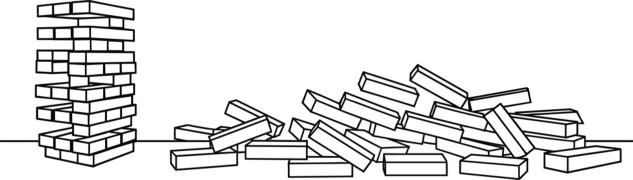 Black and white line of a jenga game with a stable tower on the left and a pile of fallen wooden blocks on the right side