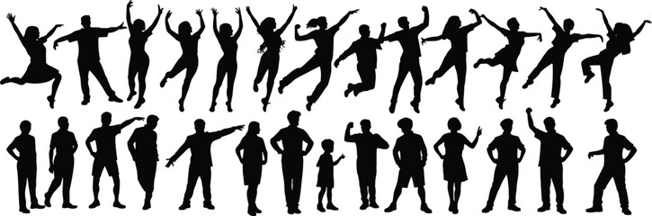 Fototapeta premium Collection of diverse people silhouettes jumping and standing isolated on a white background, for active lifestyle, and community concepts