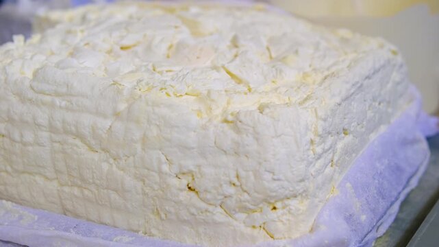 Fresh farmer cottage cheese displayed on cheesecloth in large tray at traditional market with homemade dairy products and rustic countryside atmosphere