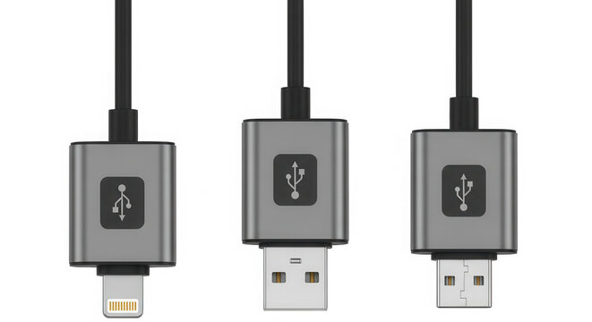 Set of three grey USB cable connectors for digital devices isolated on transparent background
