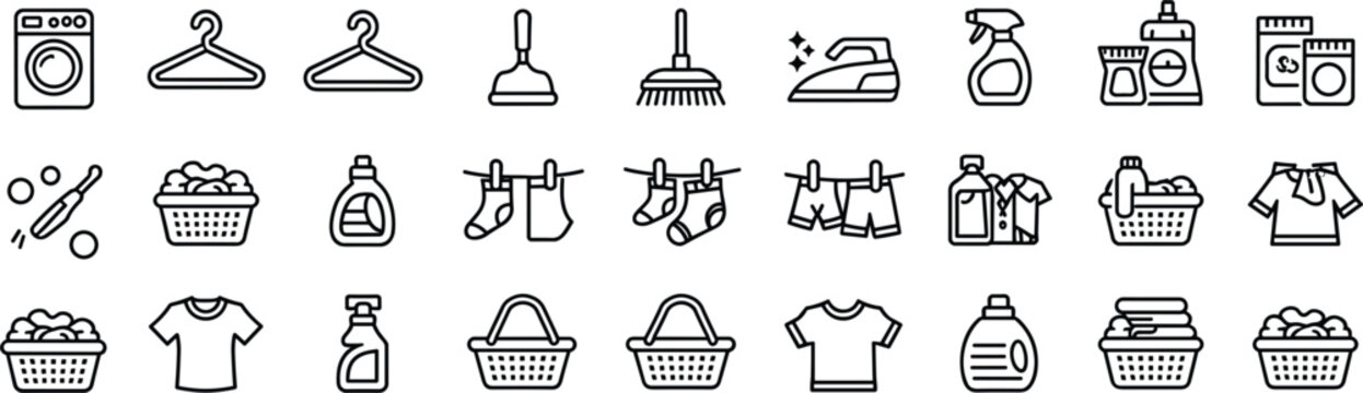 Laundry and cleaning service set featuring washing machines, clothes hangers, detergent bottles, baskets, and various clothing
