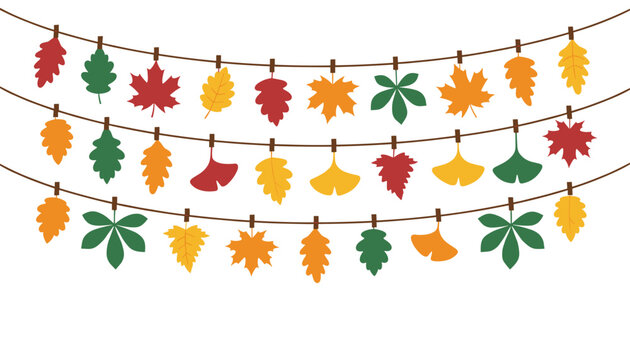 Colorful autumn leaves hung on ropes with clothespins, showcasing a variety of fall foliage shapes and vibrant seasonal colors.