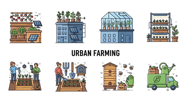Urban farming community growing vegetables in city rooftop garden.