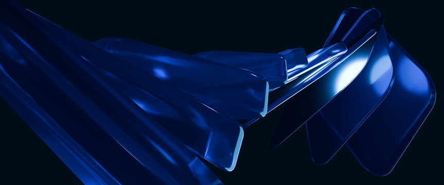 3d abstract array blue glass on dark wide screen background