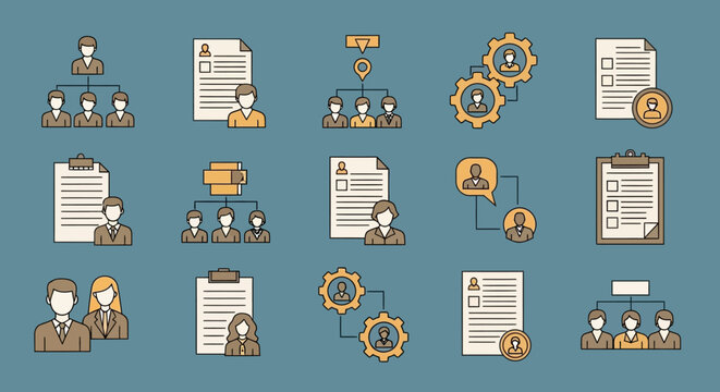 Vector illustration of diverse business and technology icons.