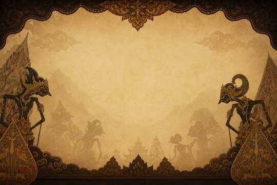 traditional indonesian shadow puppet background with ornate batik frame and vintage paper texture