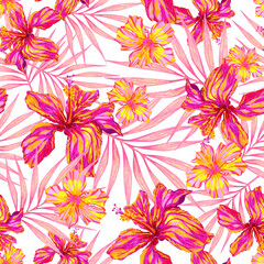Seamless Hawaiian pattern with hibiscus flowers and palm leaves on white background © AineGing