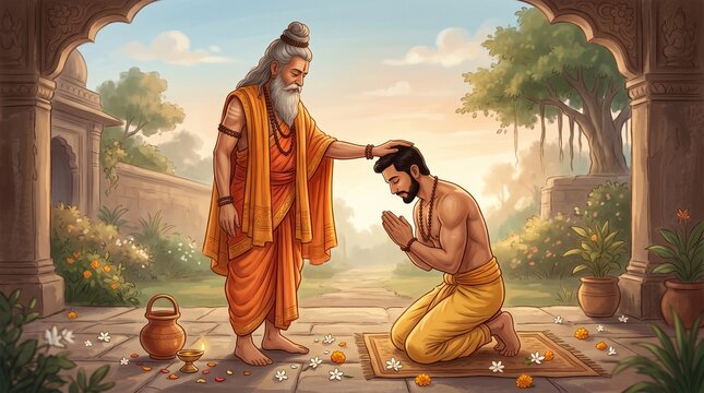 Indian guru blessing a young disciple kneeling in reverence with traditional attire and sacred guru purnima