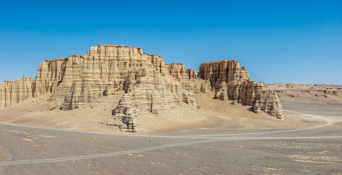 Aerial view of majestic yardang landforms in the Gobi Desert, Dahai Dao, Xinjiang, China