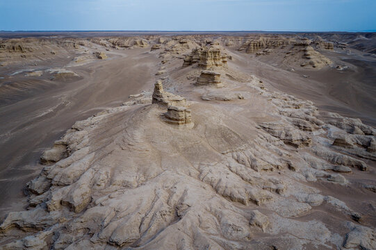 Aerial view of majestic yardang landforms in the Gobi Desert, Dahai Dao, Xinjiang, China