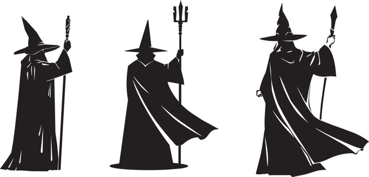 Three witches with magical staffs standing side by side