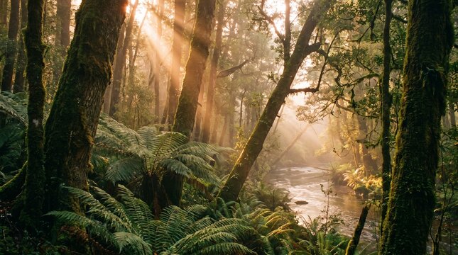 Gentle golden morning sun rays illuminating a beautiful wild river flowing through a dense lush green rainforest, featuring ancient mossy trees and vibrant tall ferns in a calm peaceful