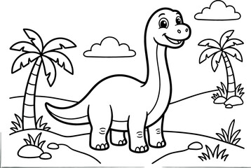 Cute Brachiosaurus Dinosaur Line Art Clipart Vector Featuring Cartoon Long Neck Sauropod standing in Prehistoric Landscape with Palm Trees and Clouds for Kids Coloring Page © MstAnzu