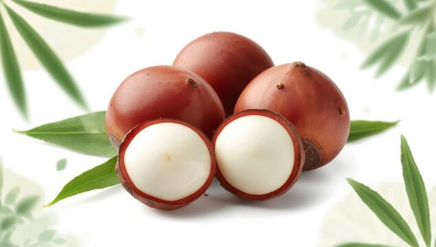 Crisp white-fleshed, round brown corms of fresh water chestnuts on a white backdrop.