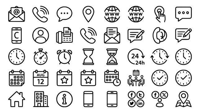 Contact Icons Set: Communication, Business, Time, Location, Web & Social Media Symbols