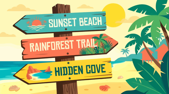 Directional Wooden Signpost with Three Arrow Signs Pointing to Sunset Beach, Rainforest Trail, and Hidden Cove, Tropical Island Vacation Concept, Flat Vector Illustration with Palm Trees