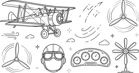 Vintage Aviation Biplane Line Art Icon Set with Retro Airplane Propeller Pilot Helmet Dashboard Clouds and Wind Motion Elements for Creative Graphic Design © REYAD