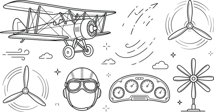 Vintage Aviation Biplane Line Art Icon Set with Retro Airplane Propeller Pilot Helmet Dashboard Clouds and Wind Motion Elements for Creative Graphic Design